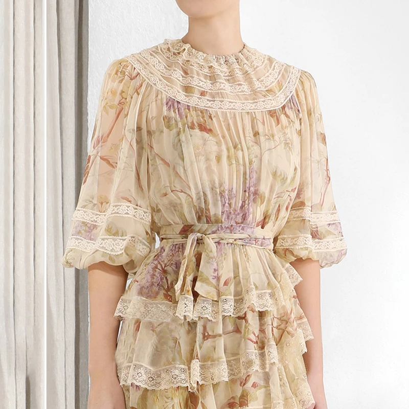 

VGH Patchwork Lace Cascading Dress Women Ruffle O Neck Lantern Sleeve High Waist Asymmetrical Dresses Female 2020 New Tide