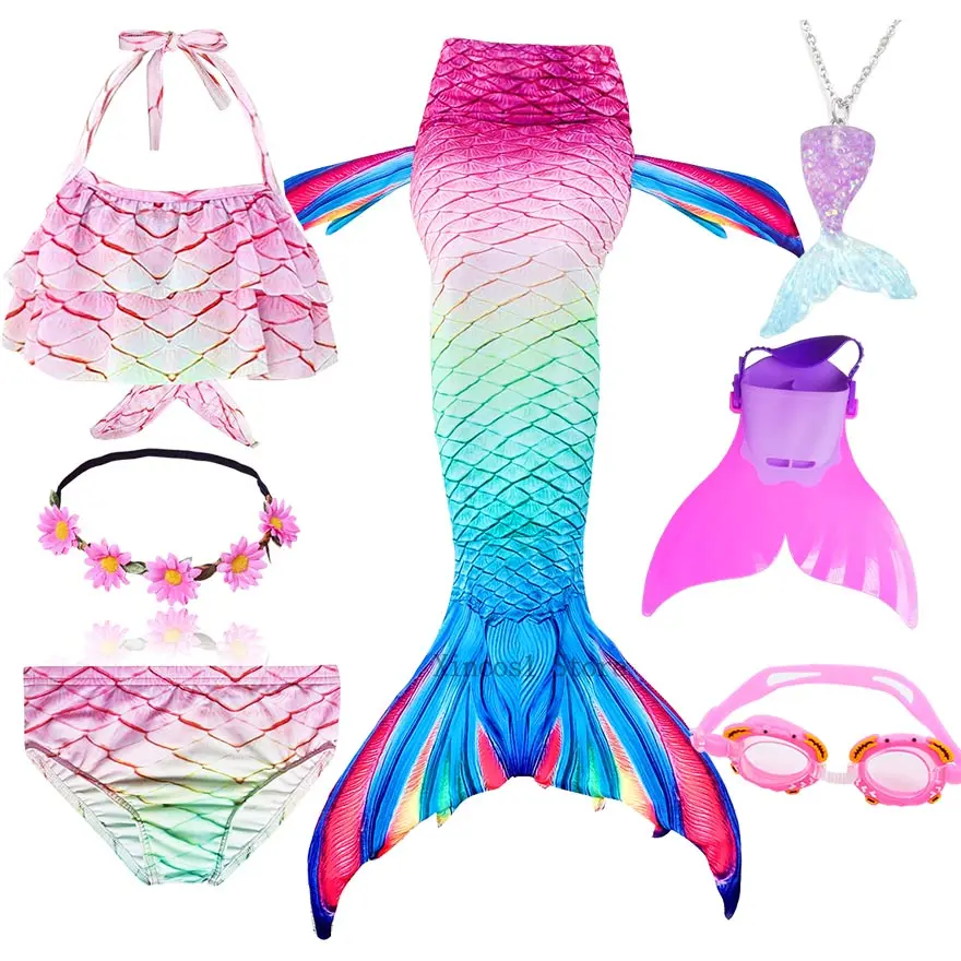 Fancy NEW the Little Mermaid Tail with Garland or With Monofin Swimsuit for Kids Girls swimmable Bathing Suit Mermaid Costume