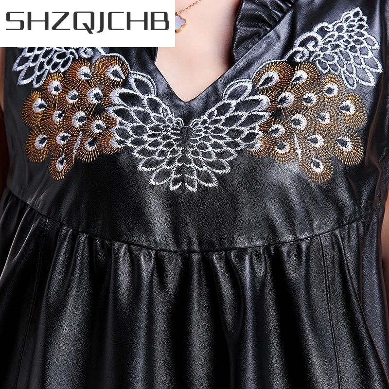 

JCHB 2021 Autumn Winter Real Leather Dress Female Fashion Street Loose V-Neck Sleeveless Sheepskin Embroidery A-Line Midi Dress