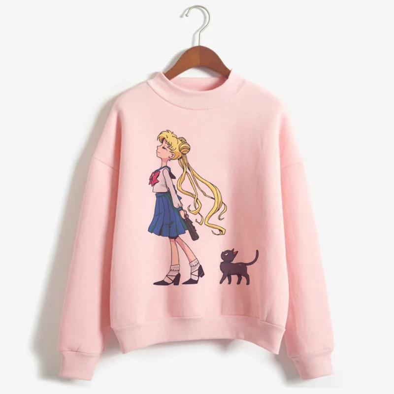 P1851Y-pink Сейлор Мун каваи Харадзюку толстовки для женщин Ullzang милый кот Аниме Забавный мультфильм свитшоты Usagi 90s Эстетическая толстовка женская - Цвет: P1851Y-pink
