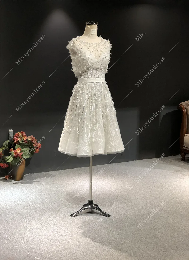 2021 вечерние платья 100% Real Picture Gray O-Neck Heavy Beadings A-line Sleeveless Short-Length Prom Party Bridal Evening Dress