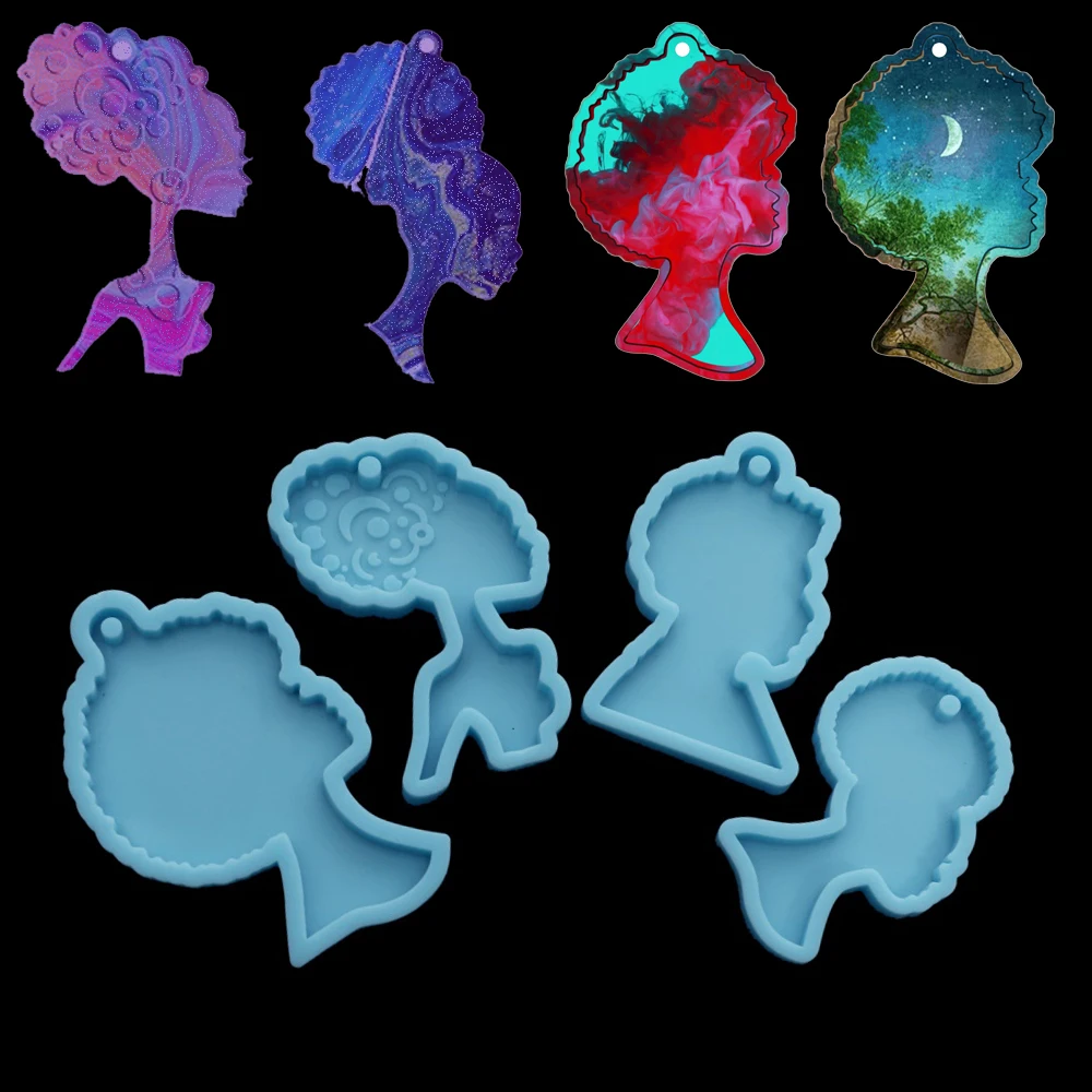 

4 Styles Glossy Afro Girl Face Keychain Silicone Mold Man Face Shape Pendants Epoxy Resin Molds for DIY Crafts Decor Making Tool