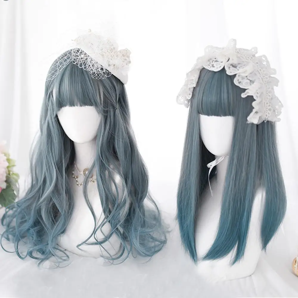 

CosplayMix 50CM/65CM Lolita Long Wavy Mixed Ash Blue Ombre Bangs Cute Halloween Synthetic Party Cosplay Wig+Cap