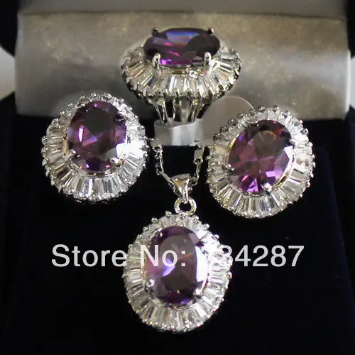 

nice Sets silver purple crystal pendant necklace Stud earring Ring