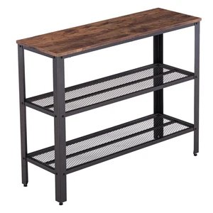 Industrial Style 3-Layer Cross Side Coffee Table Porch Console Table 2-Tier Iron Net Black Walnut Color 101.5x35x80CM [US-Stock]