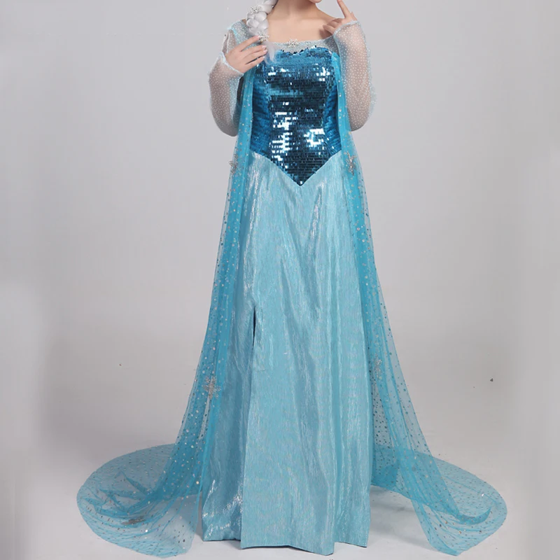

Movie Ice Snow Cosplay Queen Elsa Costume Adult Women Blue Princess Dress Fancy Halloween Carnival Ball Gown