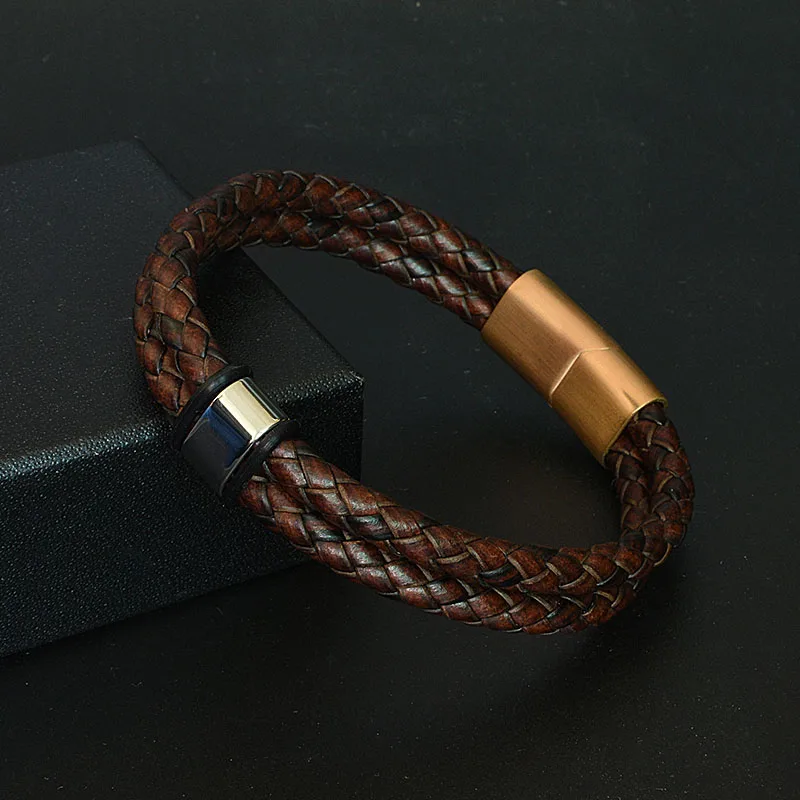 Модный кожаный мужской браслет из нержавеющей стали двухслойные браслеты с