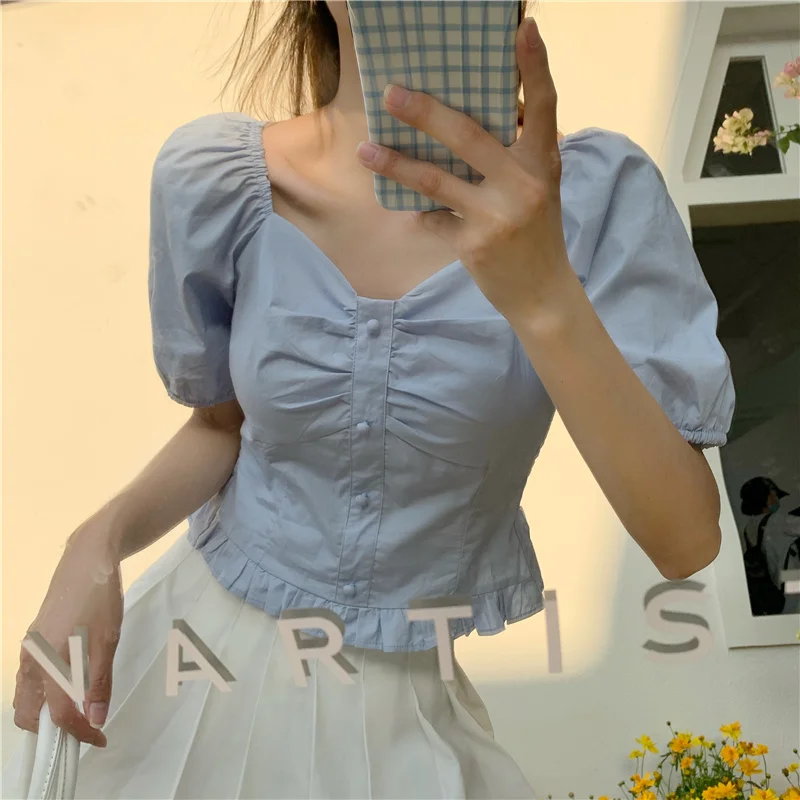 

French Style V-neck Puff Sleeve Shirt Women's Summer Design Sense Niche Slim Short Retro Waist-Controlled Collarbone Short