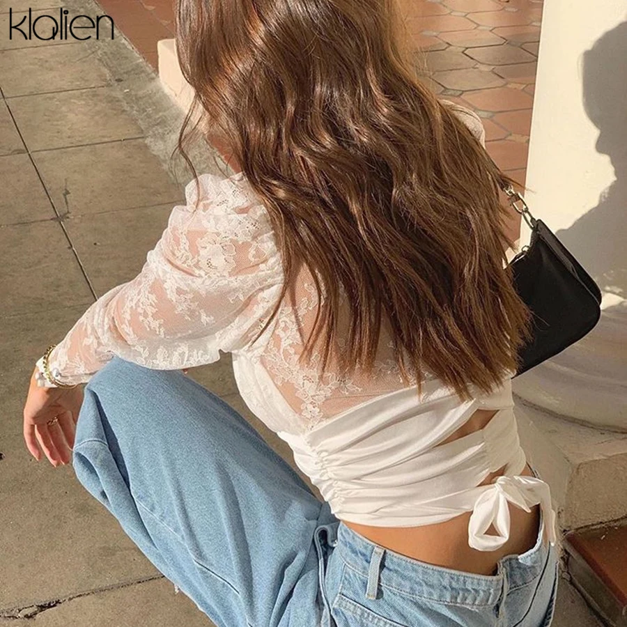 Klanien осень офисный женский белый элегантный кружевной топ женские открытые