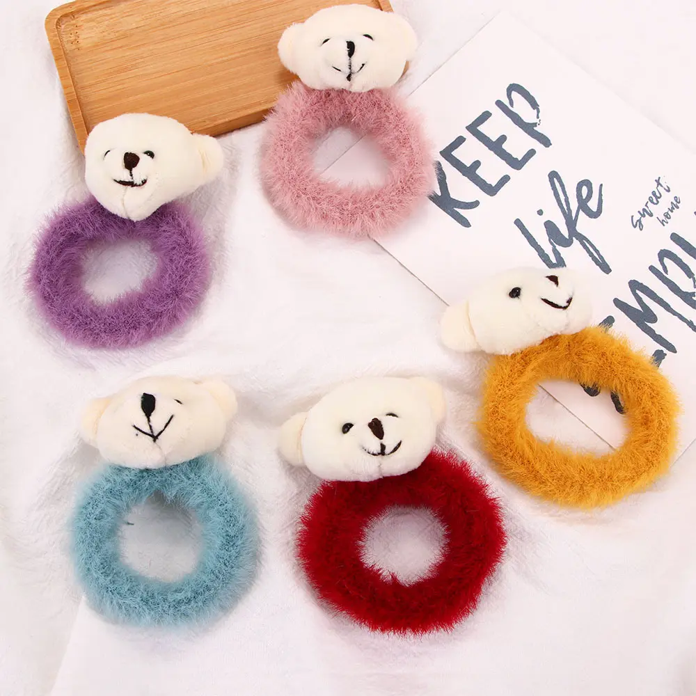 

Korean Style Girls Cute Plush Hair Rope Cartoon Bear Head Hairband Headdress Candy Color Ponytail Rubber Band Hair Accessories