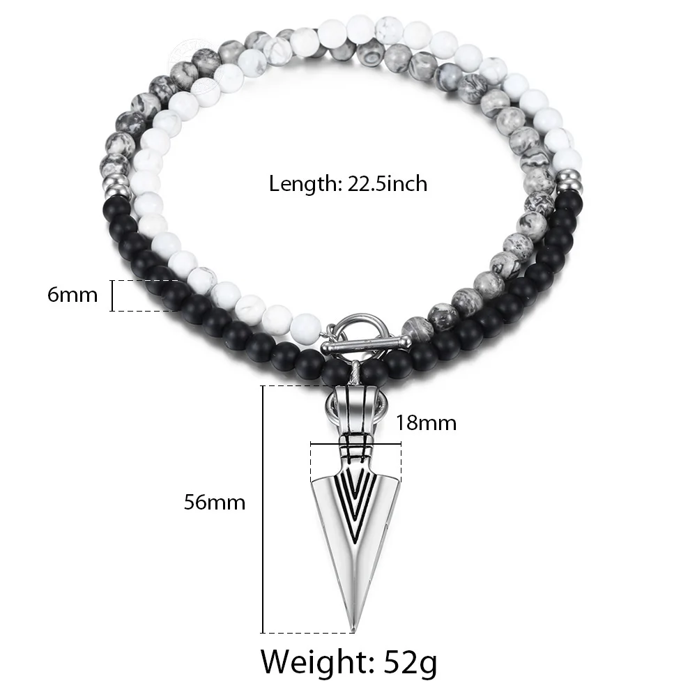 Уникальное мужское ожерелье из натурального бисера 6 мм длинное с камнем в форме