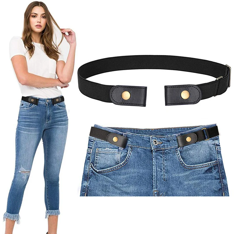 

Women Men Buckle-Free Elastic Belts Invisible Belt for Jeans No Bulge Hassle Band Fashion Casual Adjustable Button Canvas Belt