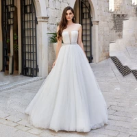 thinyfull new arrival sleeveless a line wedding dresses sheer scoop neck tulle lace up bridal gown court train vestido de novia