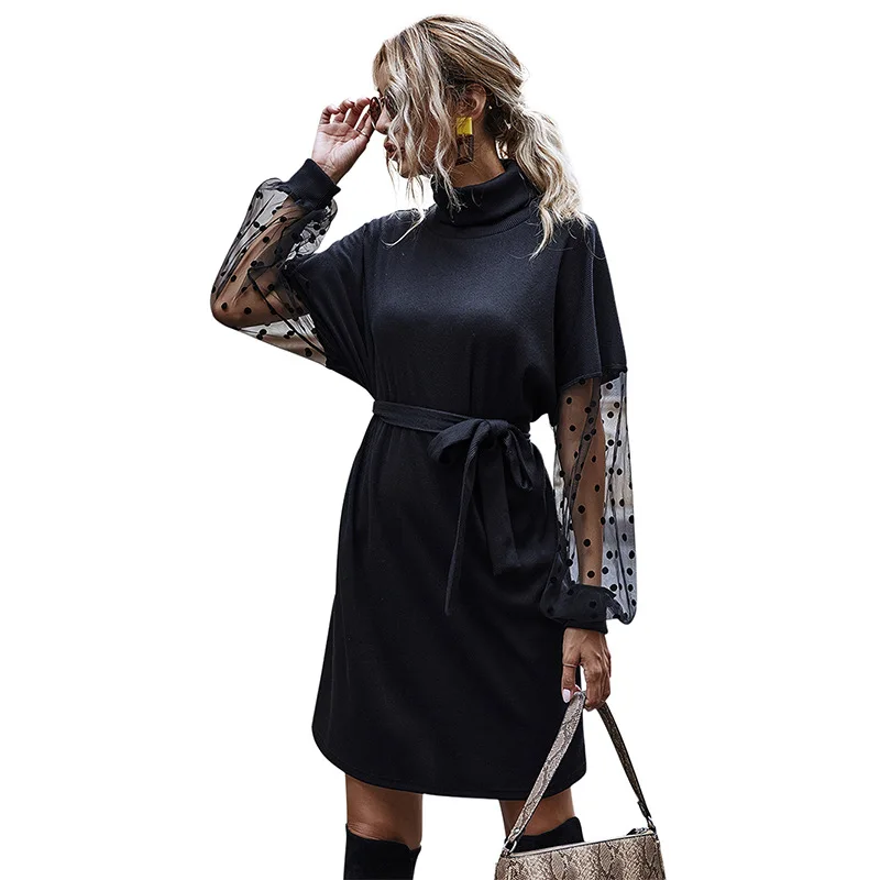 

Solid Color Long Sleeve Wave Dot Mesh Splicing Autumn Winter Dresses for Women