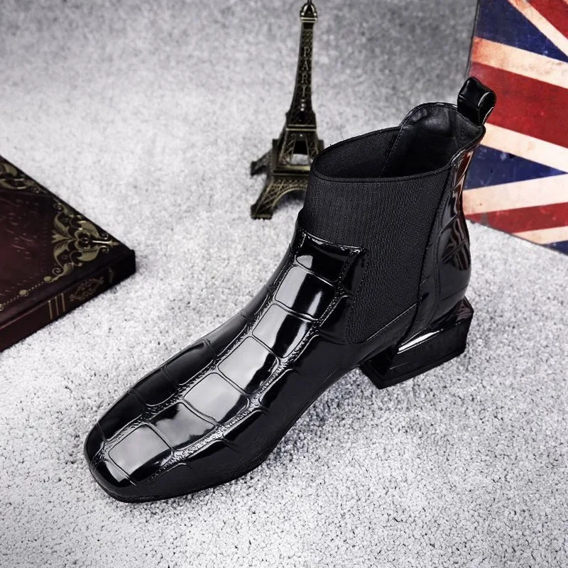 

Chic Women Boots Shiny PU Leather Autumn Winter Shoes Woman Spuare Toe Block Heels Ankle Boots Female Botas Zapatos Mujer