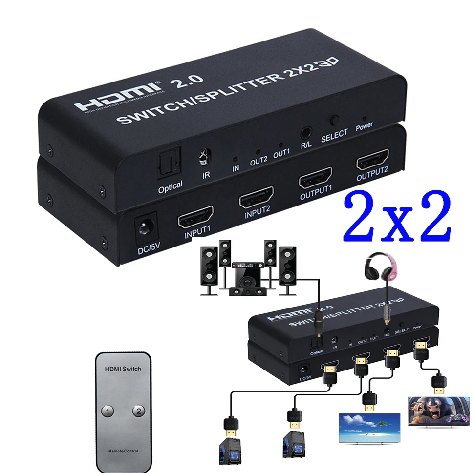 2x2 HDMI 2 0 переключатель сплиттер 4K @ 60 Гц YUV 4:4:4 оптический SPDIF + 3 5 мм аудио экстрактор