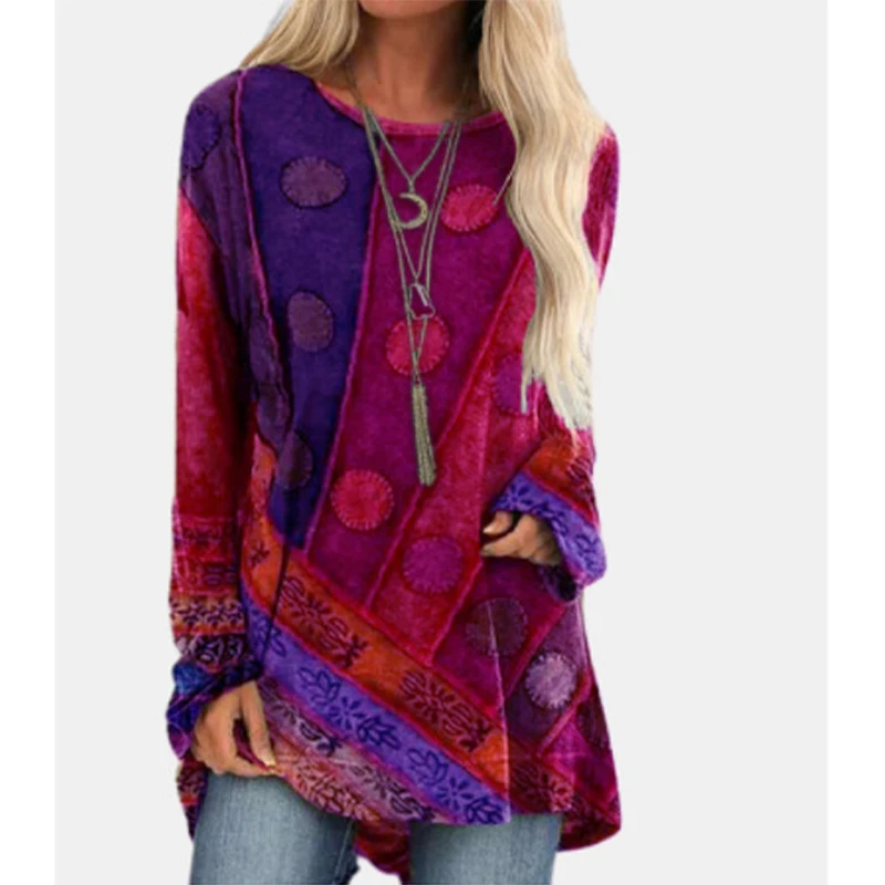 

Fashion Women Polka Dot Printed Long Sleeve O-Neck Casual T-shirt Autumn Winter Loose Vintage Irregular Long Tops Lady Clothing