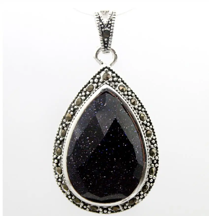 Модный граненый кулон 40*20 мм из синего нефрита и песчаника серебра 925 пробы с