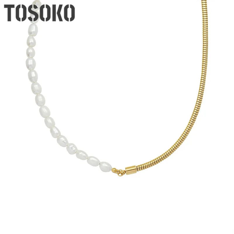 

TOSOKO Stainless Steel Jewelry Heavy Metal Chain Splicing Freshwater Pearl Clavicle Chain Women's Elegant Fashion Necklace P235