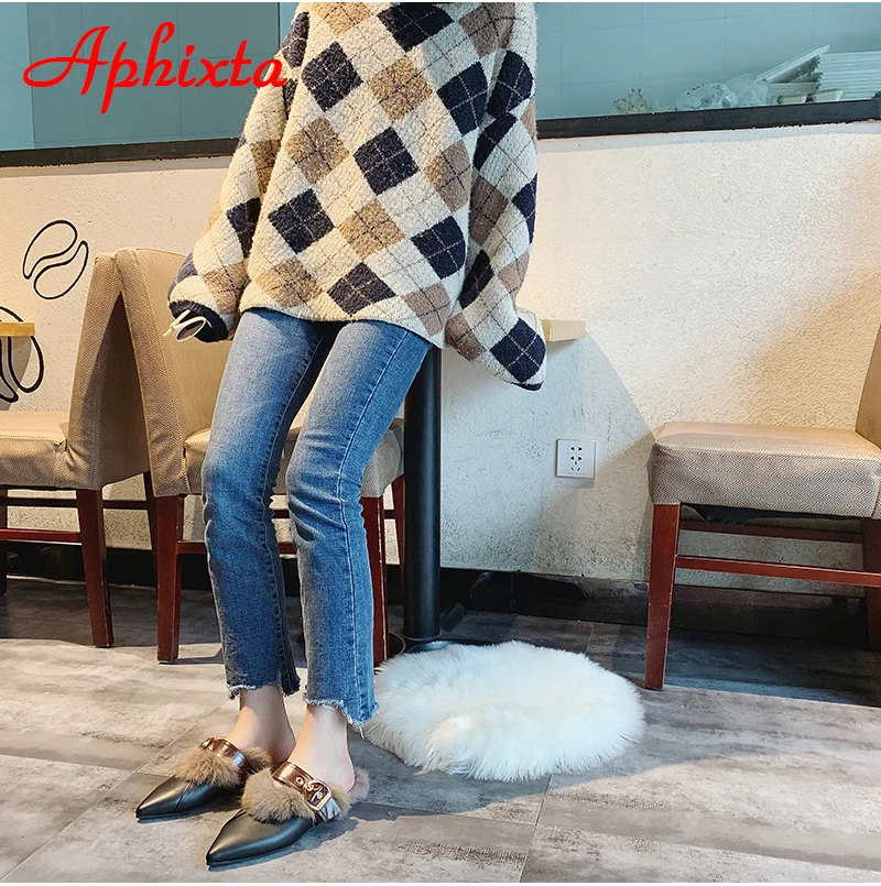Aphixta/женские шлепанцы с острым носком; Коллекция года; обувь без задника с натуральным животным мехом; обувь с пряжкой; тапочки с натуральным мехом; женская обувь на меху