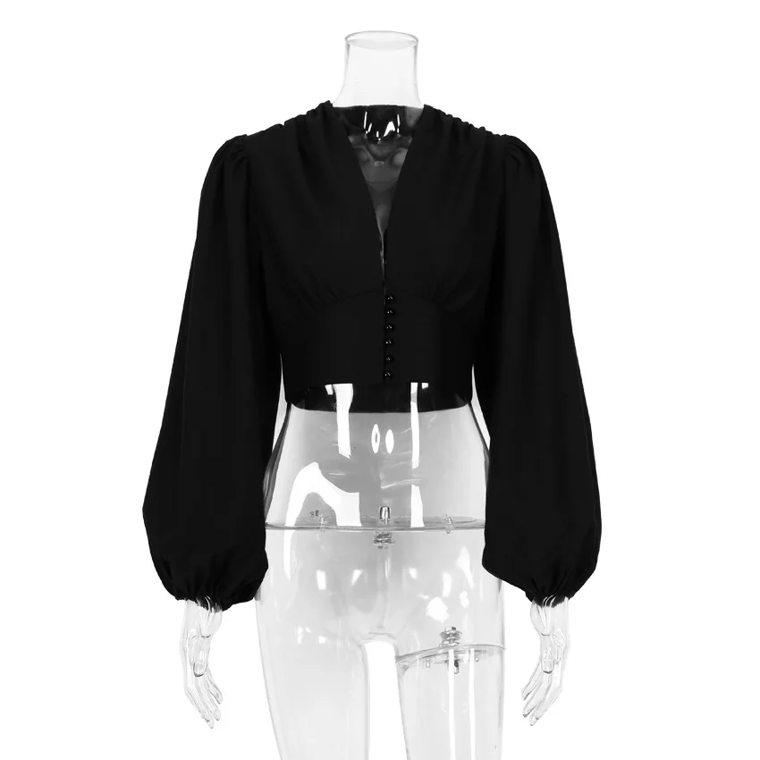 

SuperAen Lantern Sleeves Loose Solid Black Autumn and Winter New Sexy V-neck Women Shirts