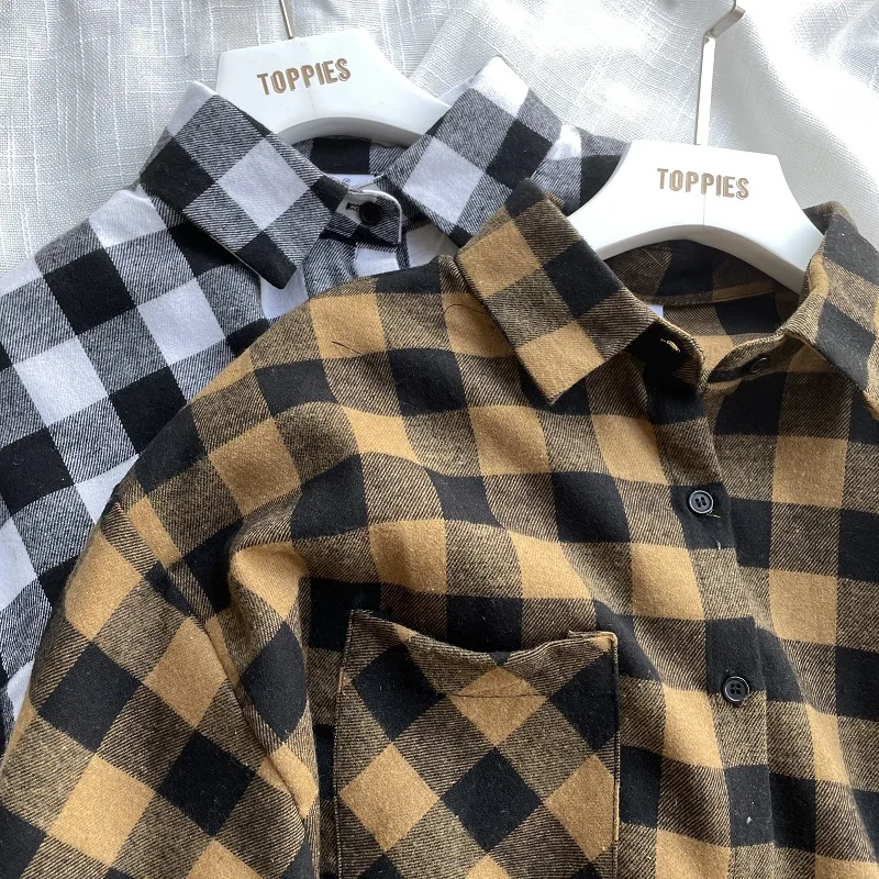 Женская хлопковая рубашка в клетку с длинным рукавом и передним карманом | одежда