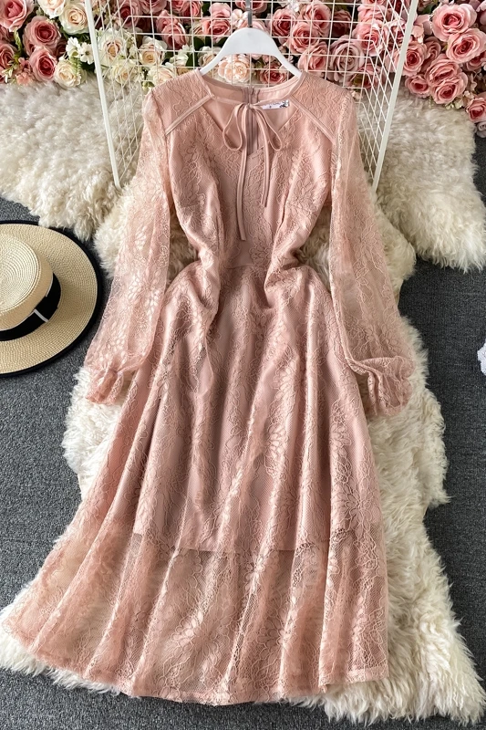 

EXCELLENT QUALITY Newest 2021 Designer Dresses Women's Fashion V-Neck Long Sleeve Sweet Lace Mid-calf Dress