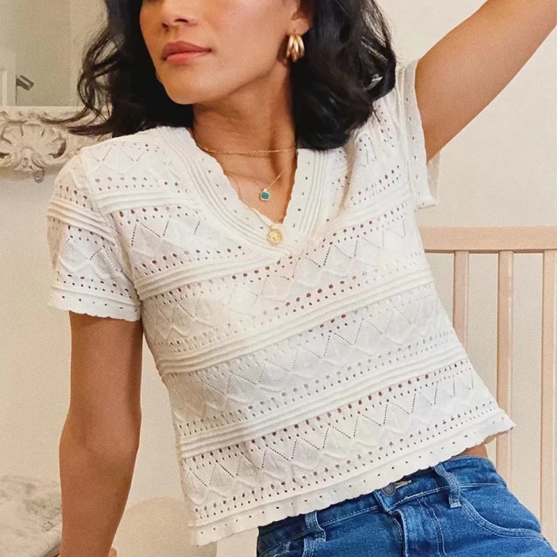 Женская трикотажная футболка с коротким рукавом и V-образным вырезом | одежда