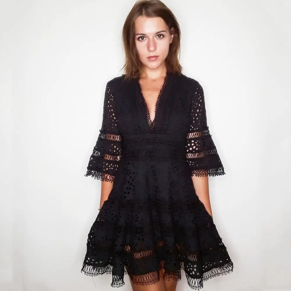 

2022 Spring Summer Women Runway Designer Lace Embroidery Mini Dress Hollow out Floral print Casual party dress Female Vestido