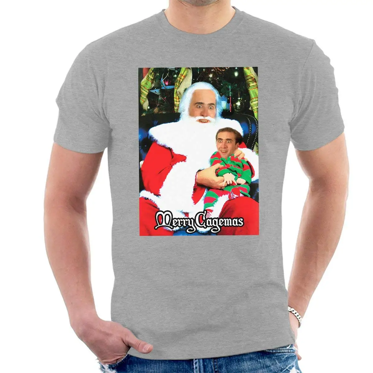 

KJLMHOJ Merry Cagemas Santa Knee Nicolas Cage Christmas Men's T-Shirt Style Short Sleeve Print Tee Shirt