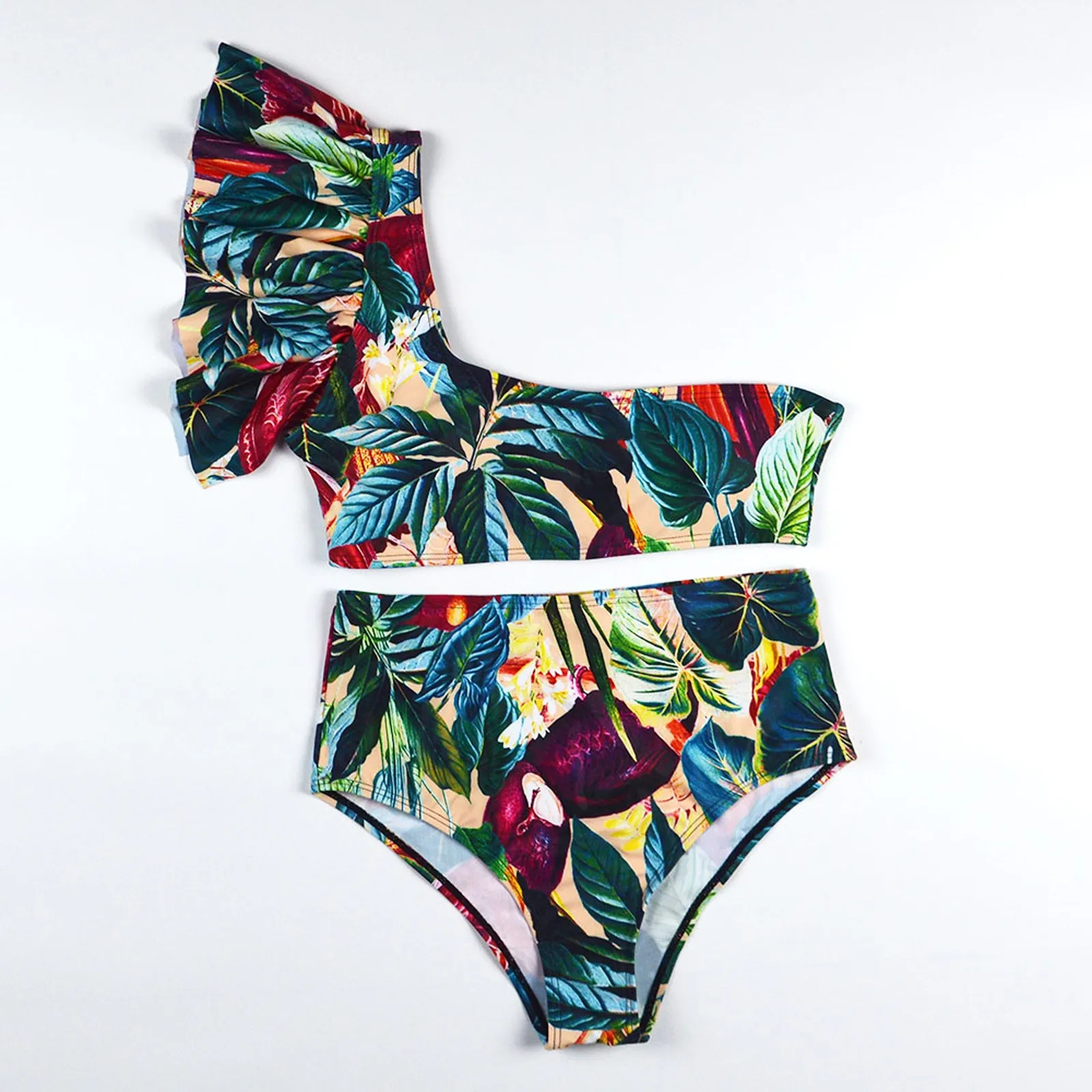 

Sexy Bikinis Women 2021 New One Shoulder Swimwear Leaf Print Ruffles High Waist Swimsuit Female Bathing Suits Beach Wear Biquini