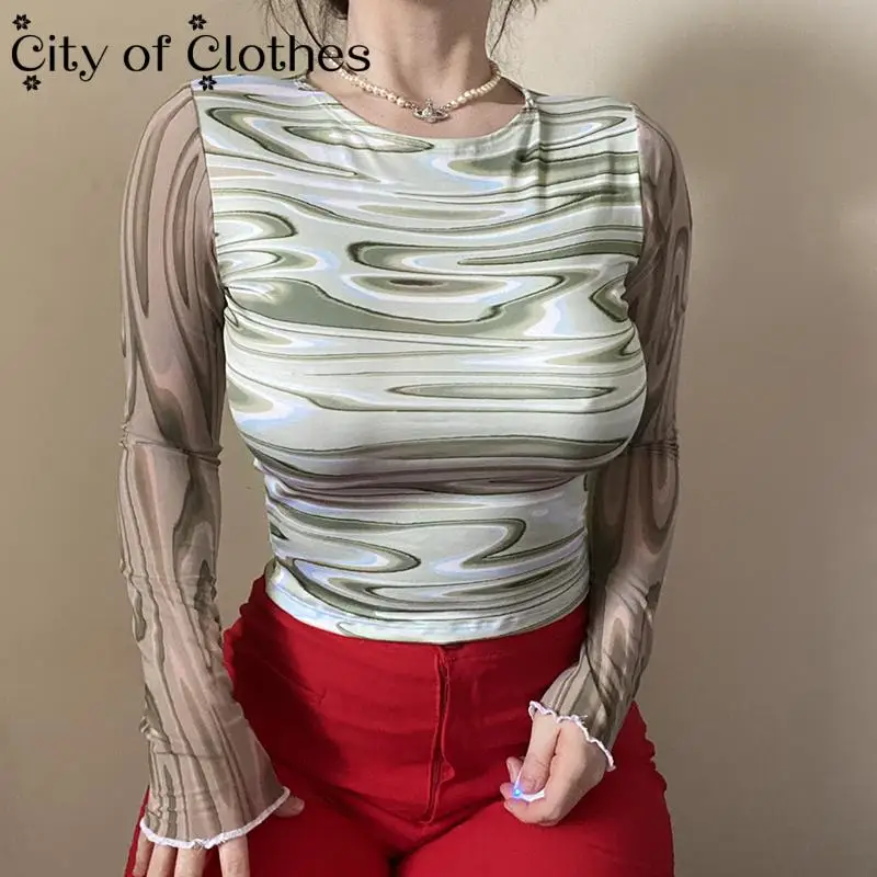 

2021 Zebra Printing Tee Cropped Shirts Women Long Transparent Sleeve O-Neck Sexy Slim Crop Tops Ladies Retro Autumn Streetwear