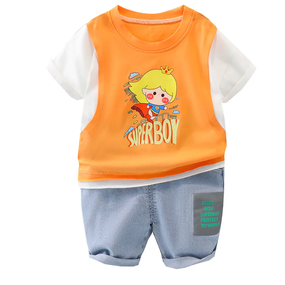 

Summer Clothes Baby Outfit Novelty Newborn Boy Short Sleeve Cartoon Patchwork T-Shirt With Denim Shorts Sets Casual Sport Suit