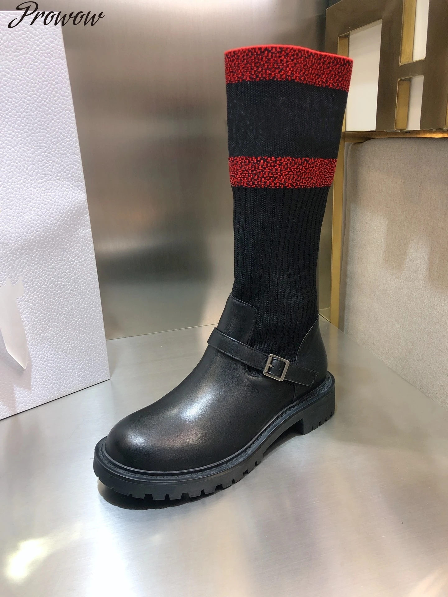 

Prowow Stretch Sock Boots Winter Women Shoes Genuine Leather Platform Mid-Calf Boots Mixed Colors Belt Buckle Slip-on Shoes