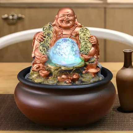 Buddha Indoor Water Fountain Tabletop Feng Shui Ball LED Light Home Decoration Office Opening Desktop Furnishings