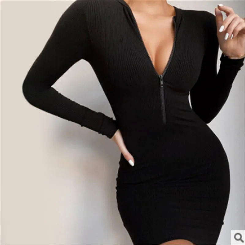 Женское платье 2020 сексуальное короткое на молнии летнее с длинным рукавом