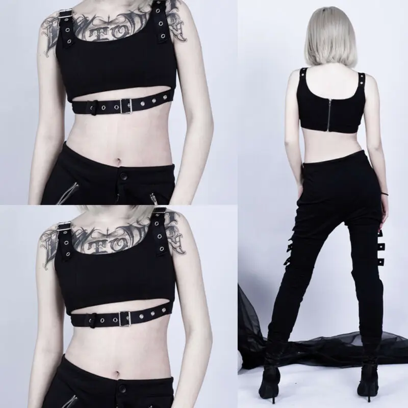 Женский укороченный топ без рукавов черный короткий жилет а готическом стиле