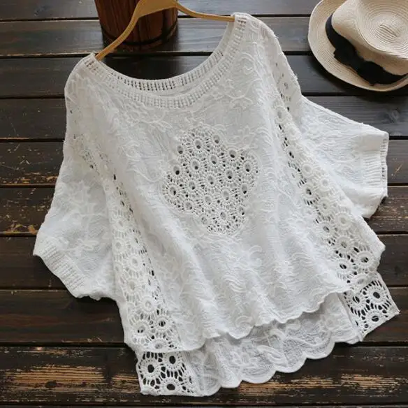 Белая открытая кружевная Свободная блузка с круглым вырезом и рукавами летучая