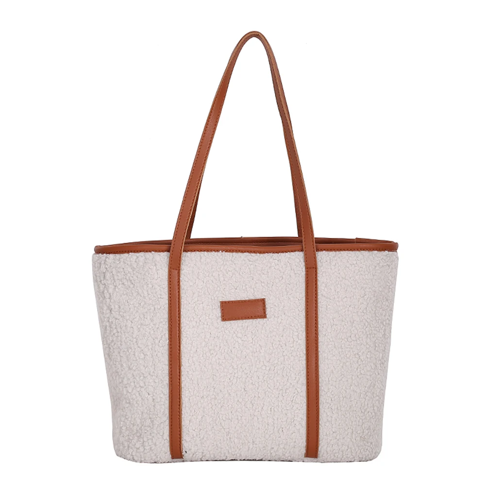 

Lambs Wool Tote Handbags Pure Color Top-Handle Bag Fluffy All-Match Large Capacity Tote Shopping Bag for Girl