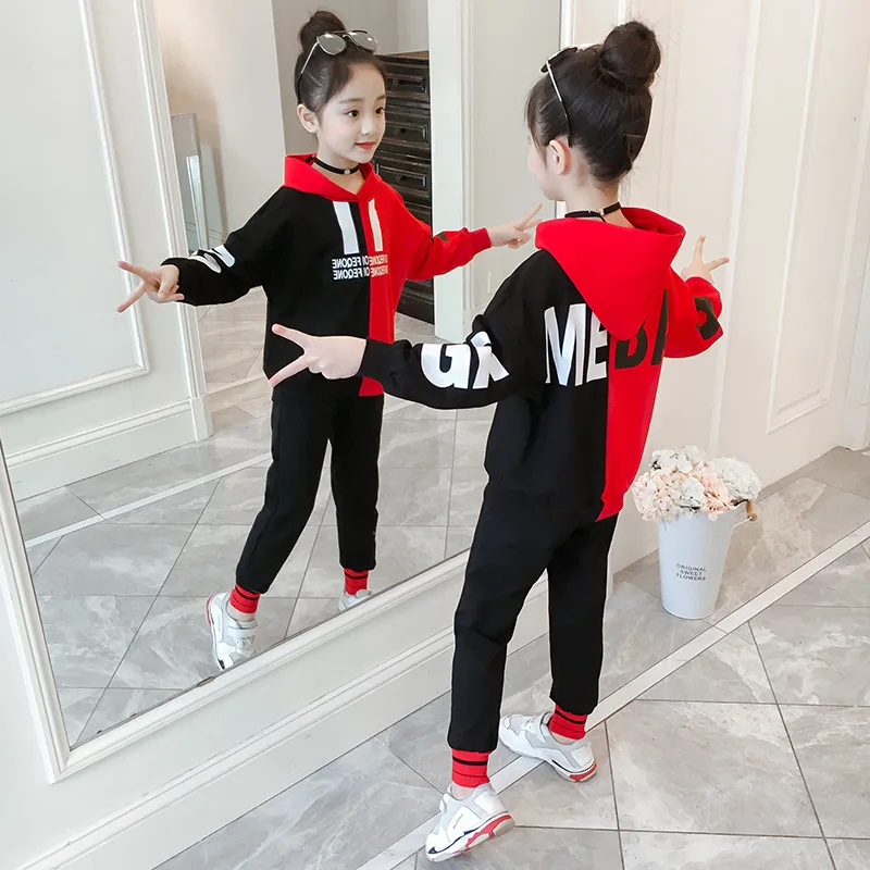 

Autumn new style two-piece set for large and medium-sized children fashion casual girls contrast color printed sports suit