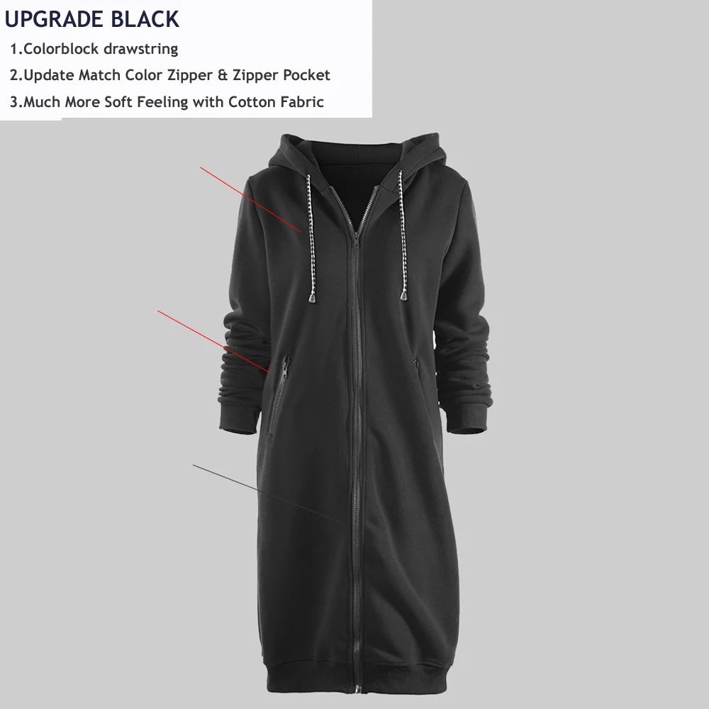 UPGRADE BLACK Wipalo размера плюс женские на молнии с капюшоном удлиненные худи для девушек с длинным рукавом осень. Зимняя Толстовка Пальто Повседневная куртка топ S-5XL - Цвет: UPGRADE BLACK