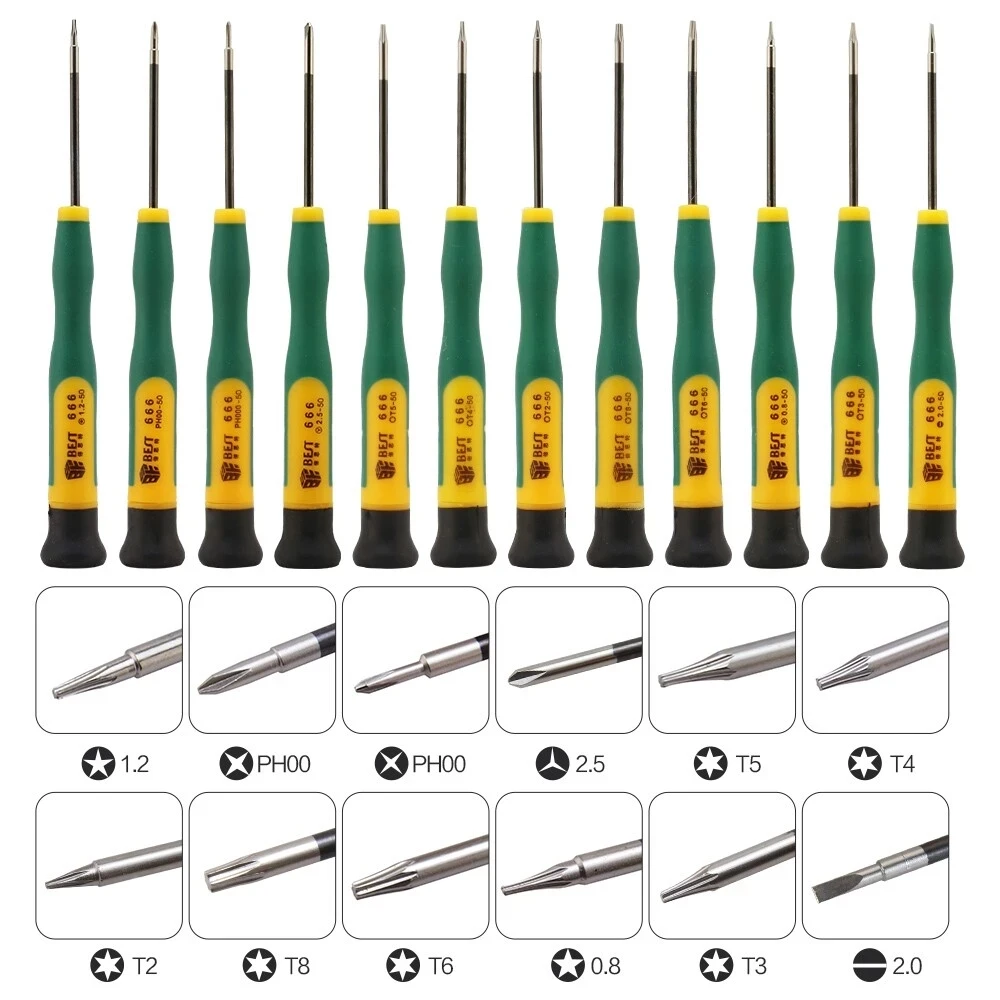 

MILE 12 In 1 Torx T2,T3,T4,T5,T6,T8,Phillips PH00,PH000,Pentalobe 5-Point 0.8,1.2,Slotted 2.0,Y2.5 Precision Screwdrivers Set