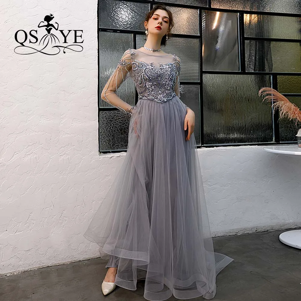 same as pictures QSYYE ever pretty длинные платья для выпускного вечера Тюлевое с вырезом «Лодочка» с длинными рукавами, украшенное бисером с длиной до пола вечернее платье вечерние платья - Цвет: same as pictures