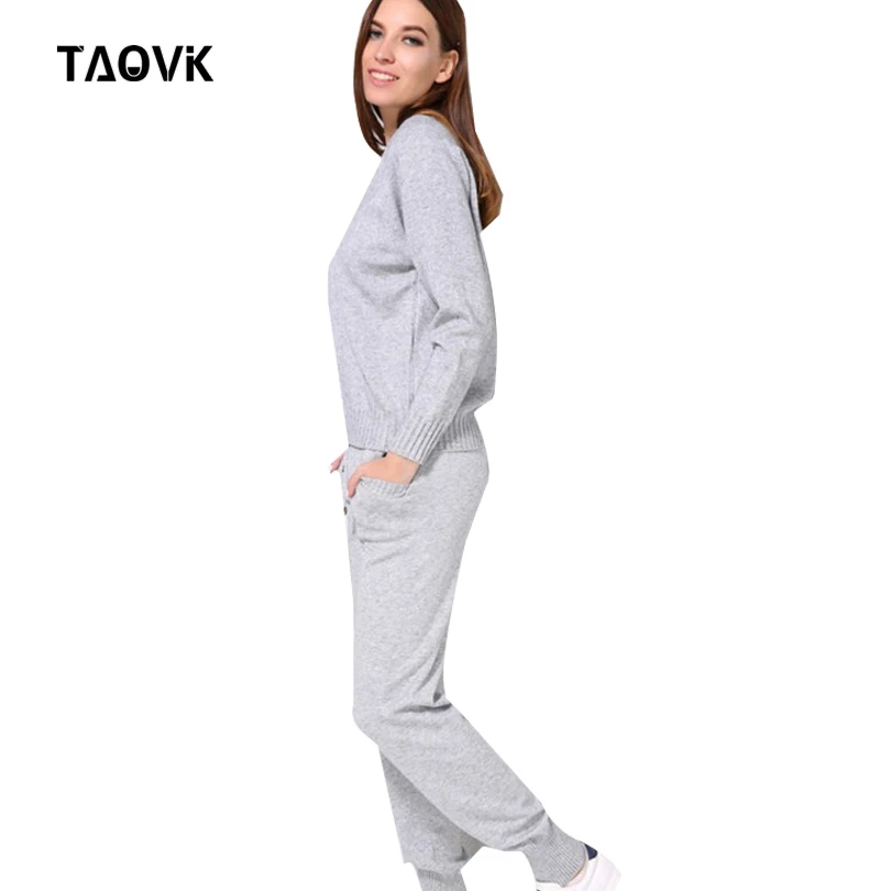 Женский Мягкий Вязаный костюм TAOVK свитер с V образным вырезом и брюки эластичным