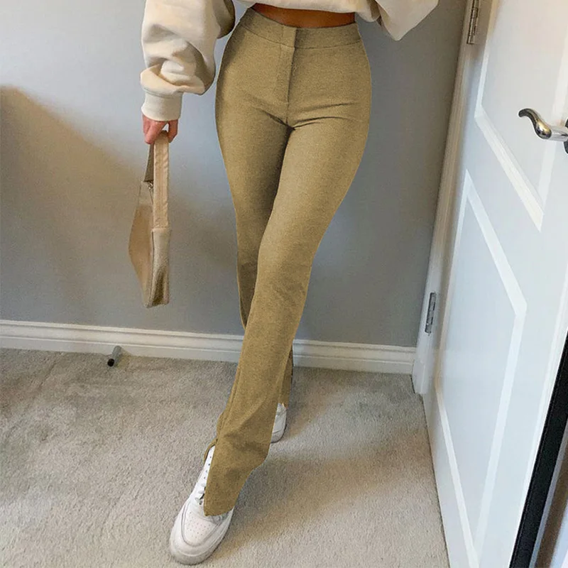 

95% Cotton Casual Women's Flare Pants High Waist Streetwear Sweatpants Sports Pants 2021 Side Split Skinny Long Trousers Y2k