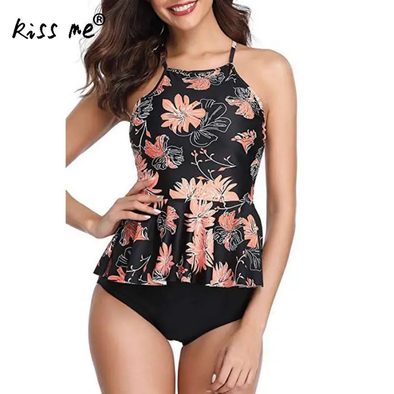 Цельный купальник с высокой талией из двух частей завязками на шее тесьмой милый