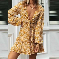 sexy strappy ruffled mini dress long sleeve v neck low cut loose a line dress bohemian style floral printed casual women outfits