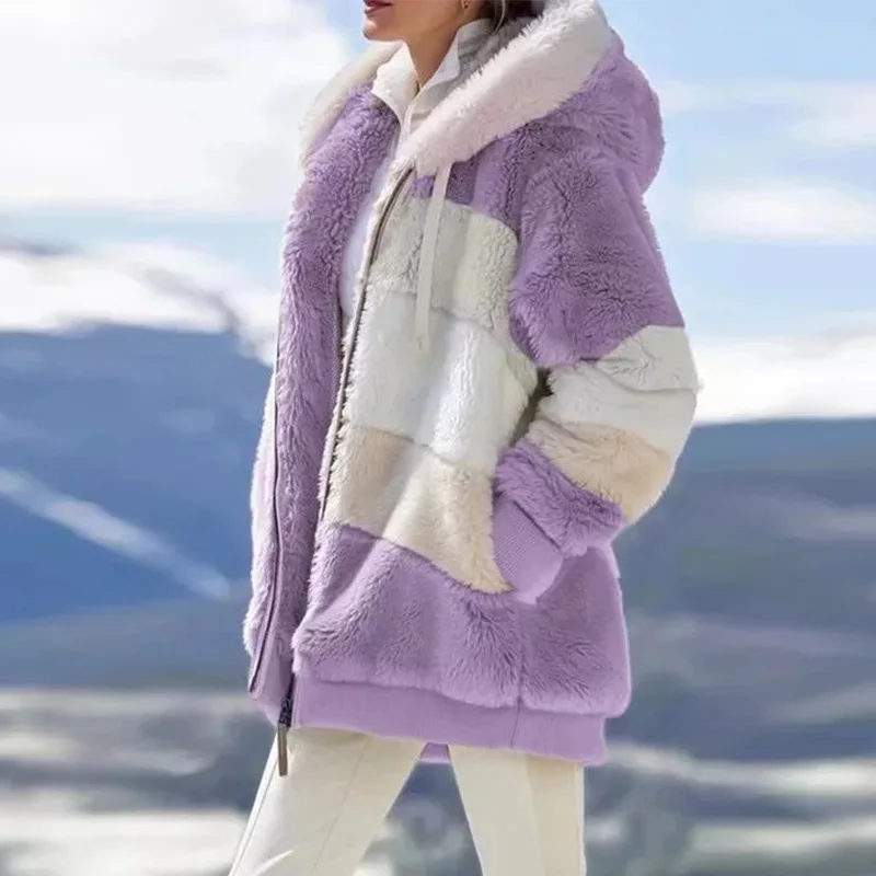 

Зимняя женская куртка, модная плюшевая Лоскутная зимняя куртка с капюшоном и карманами на молнии в стиле ретро, свободная женская верхняя о...