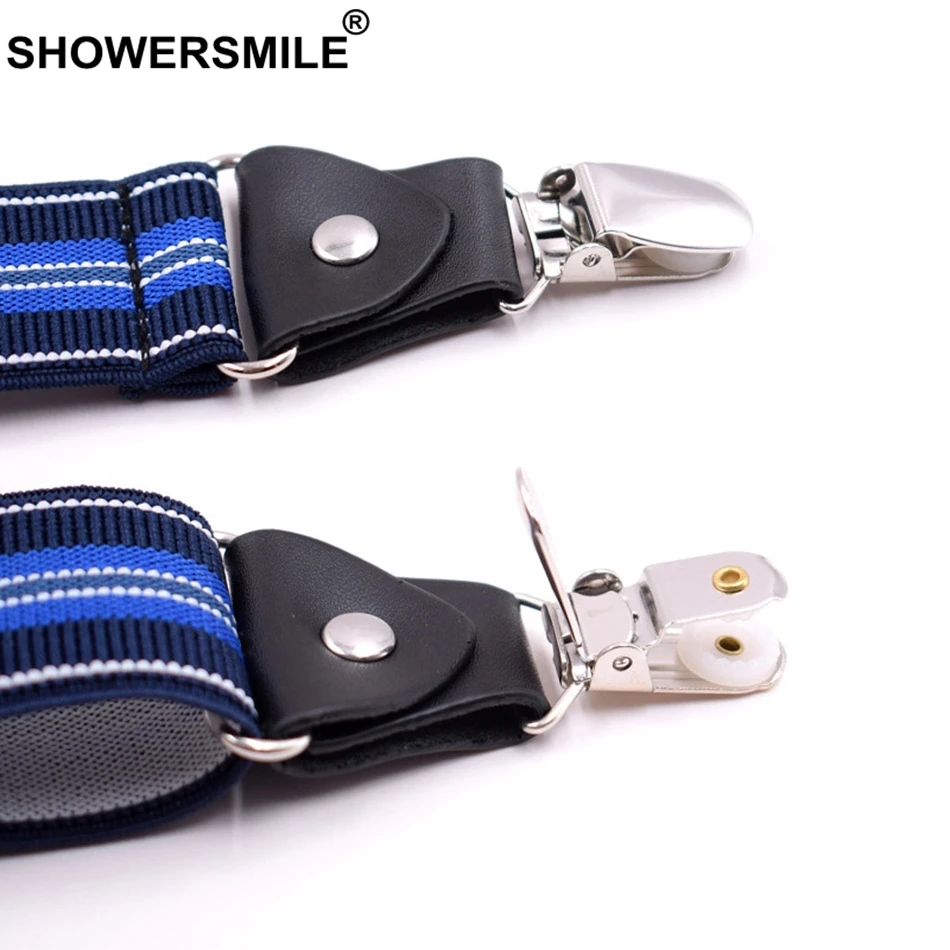 Мужские подтяжки SHOWERSMILE синие с полосками на спине 4 зажима эластичные