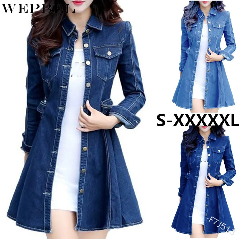 

WEPBEL Denim Jacket Women's Solid Color Slim Single-Breasted Jacket Spring Long Sleeve Pocket Turn-down Collar Long Jacket